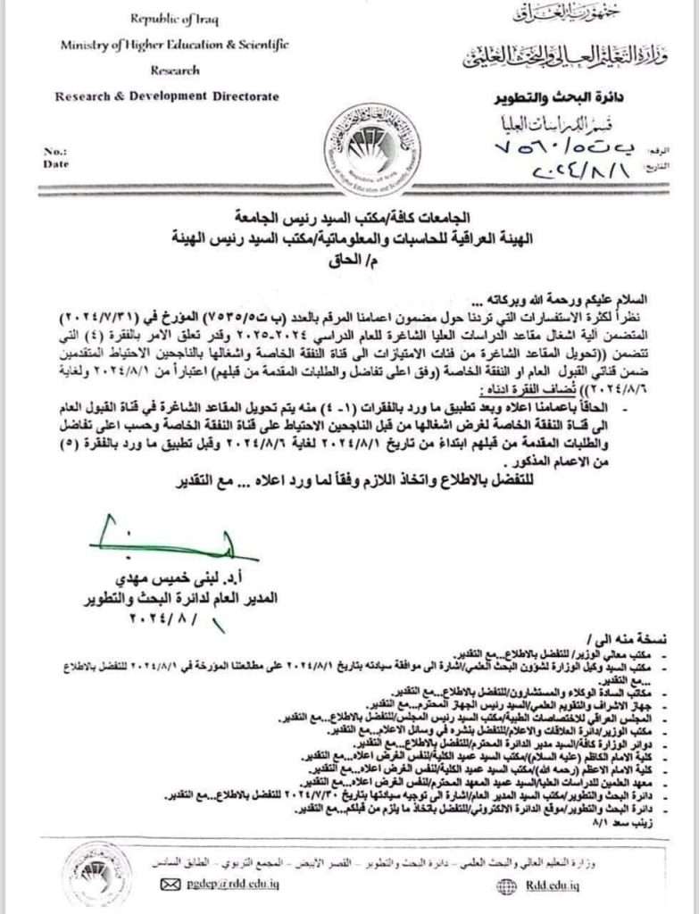 إلحاق تعليمات اشغال المقاعد الشاغرة للمتقدمين للدراسات العليا للعام الدراسي 2024-2025